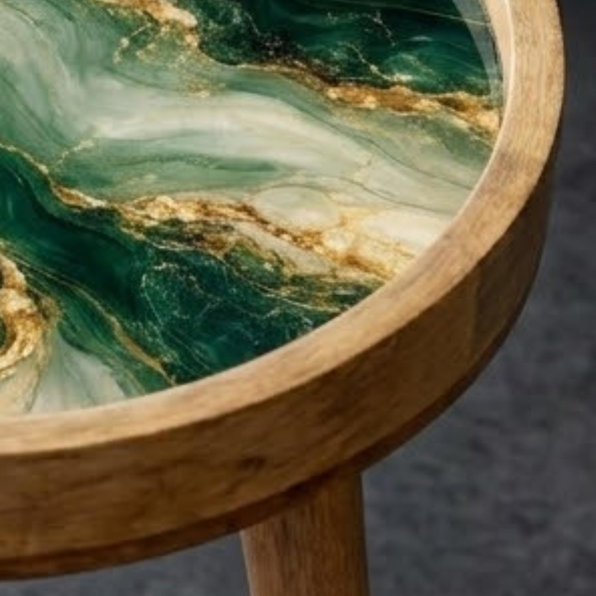 Handmade Mango Wood Side Table | Green Marble Print Round Accent Table