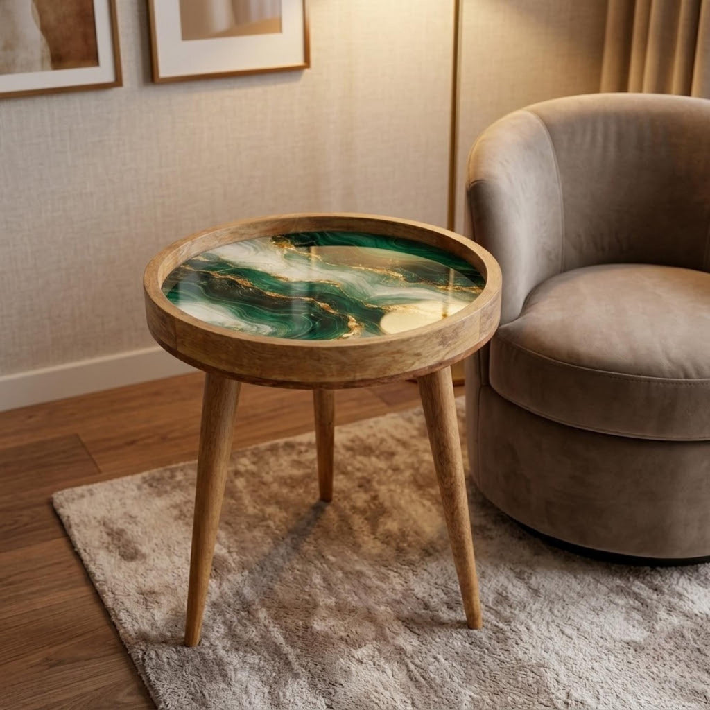 Handmade Mango Wood Side Table | Green Marble Print Round Accent Table