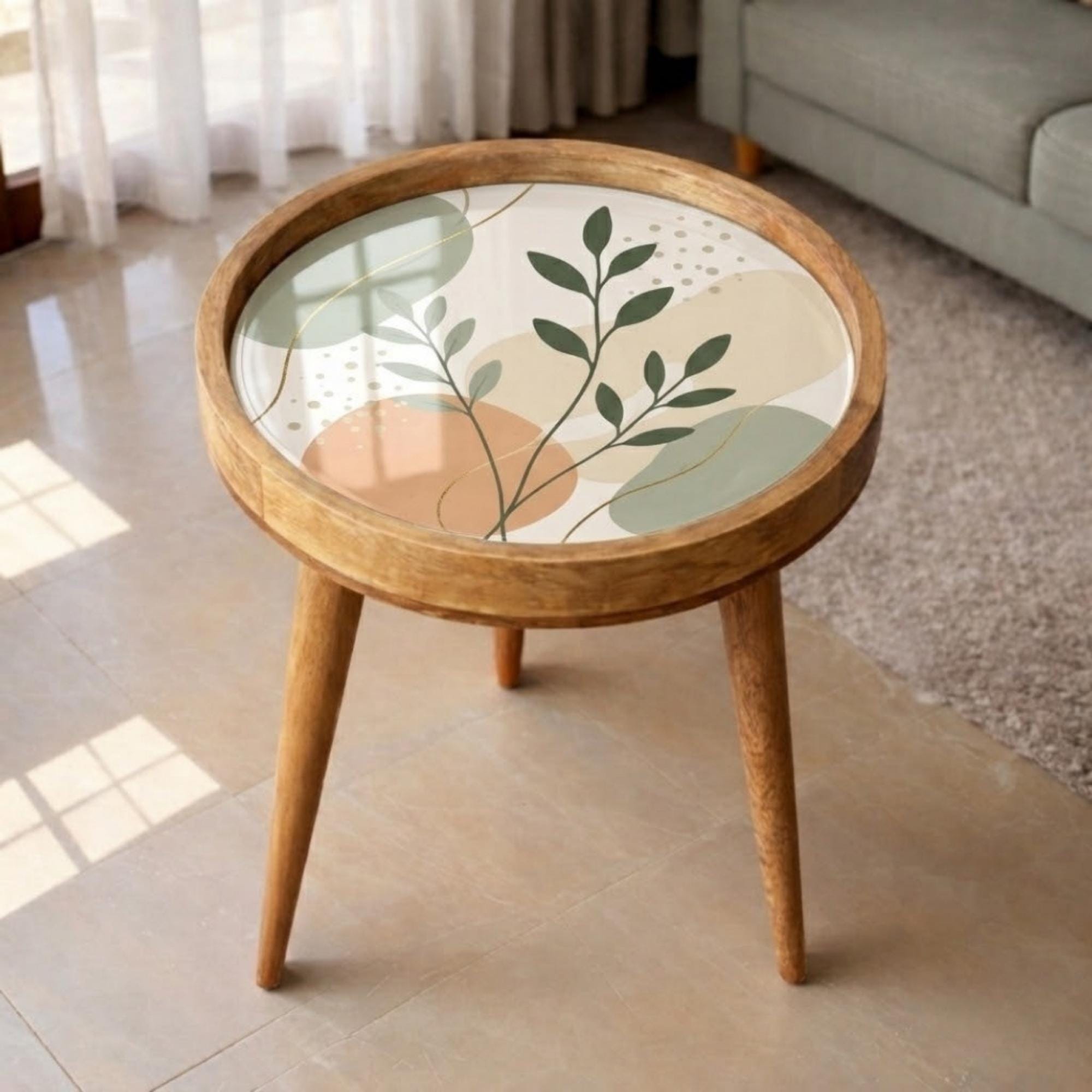 Handmade Mango Wood Side Table | Minimal Botanical Print | Round Modern Accent Table