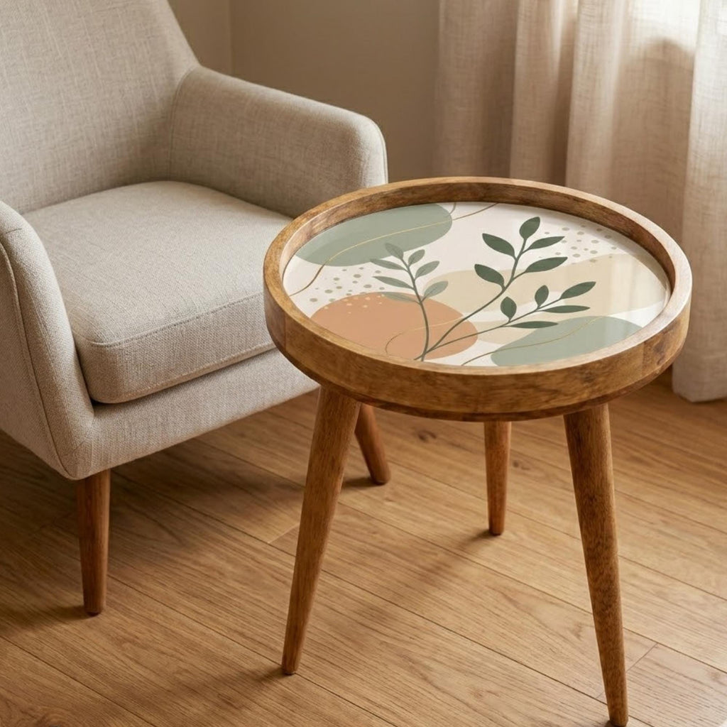 Handmade Mango Wood Side Table | Minimal Botanical Print | Round Modern Accent Table