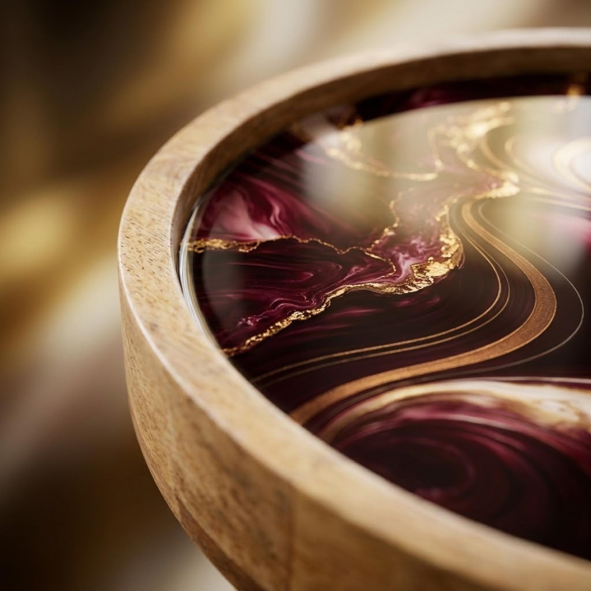 Handmade Mango Wood Side Table | Burgundy Marble Print Accent Table