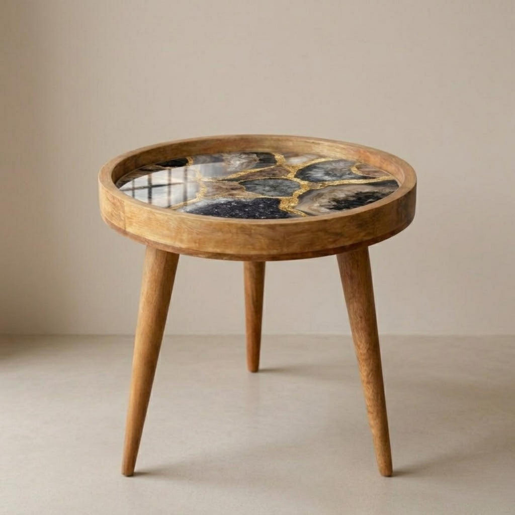 Handmade Mango Wood Side Table | Geode Crystal Print Round Accent Table