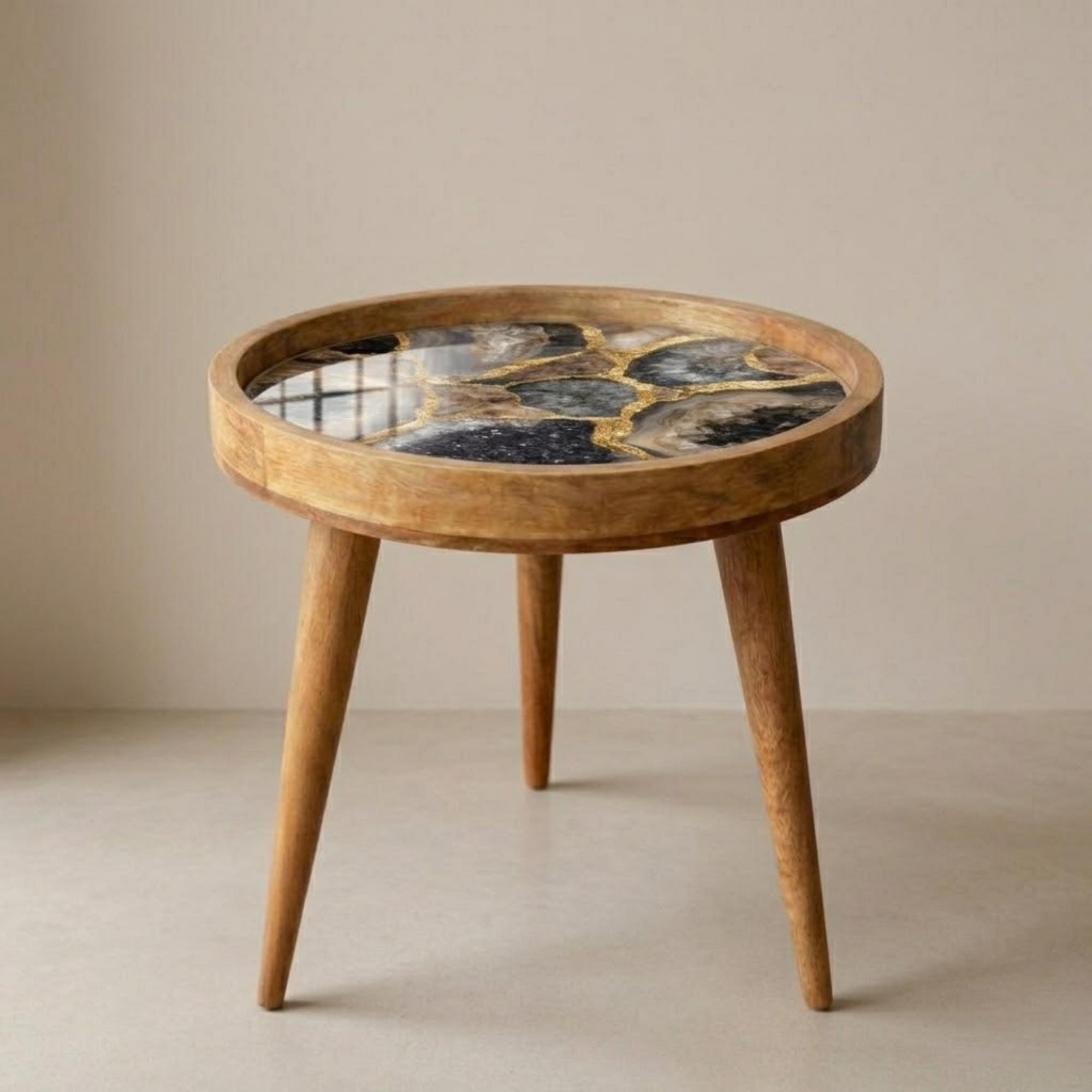 Handmade Mango Wood Side Table | Geode Crystal Print Round Accent Table
