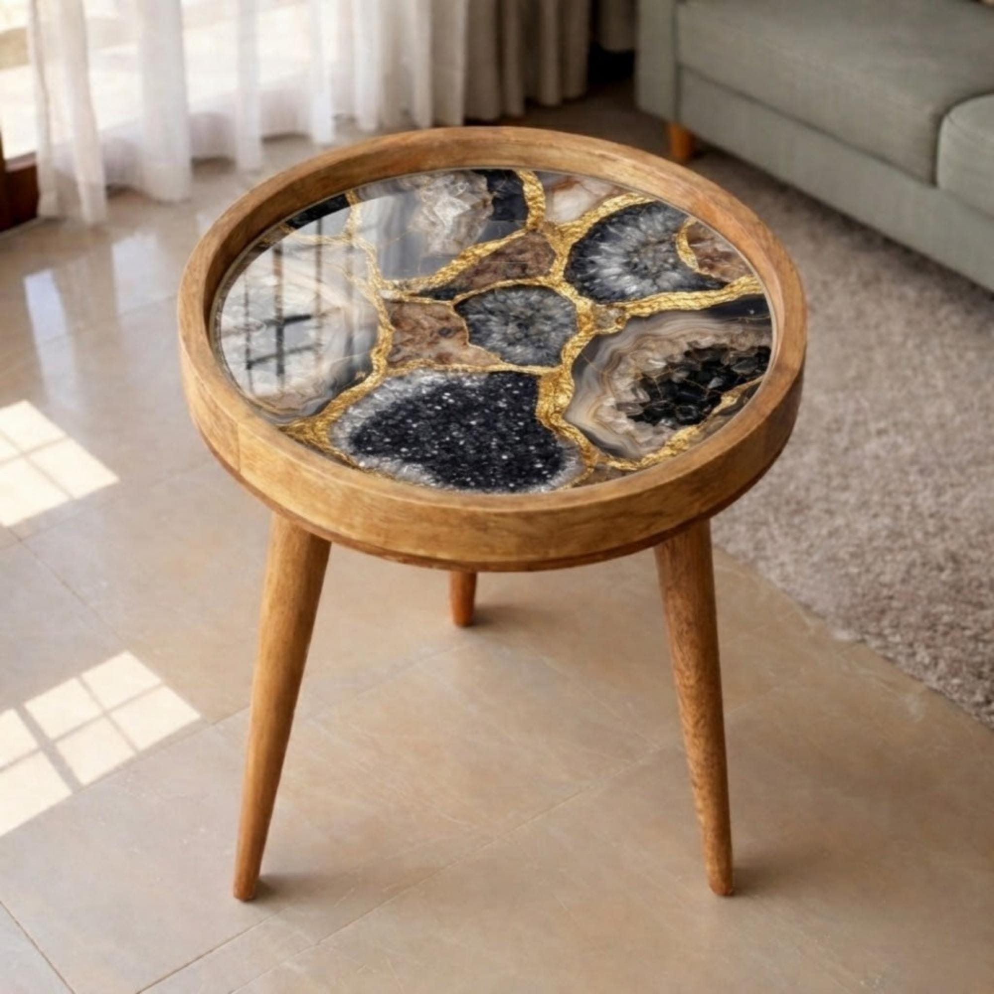 Handmade Mango Wood Side Table | Geode Crystal Print Round Accent Table