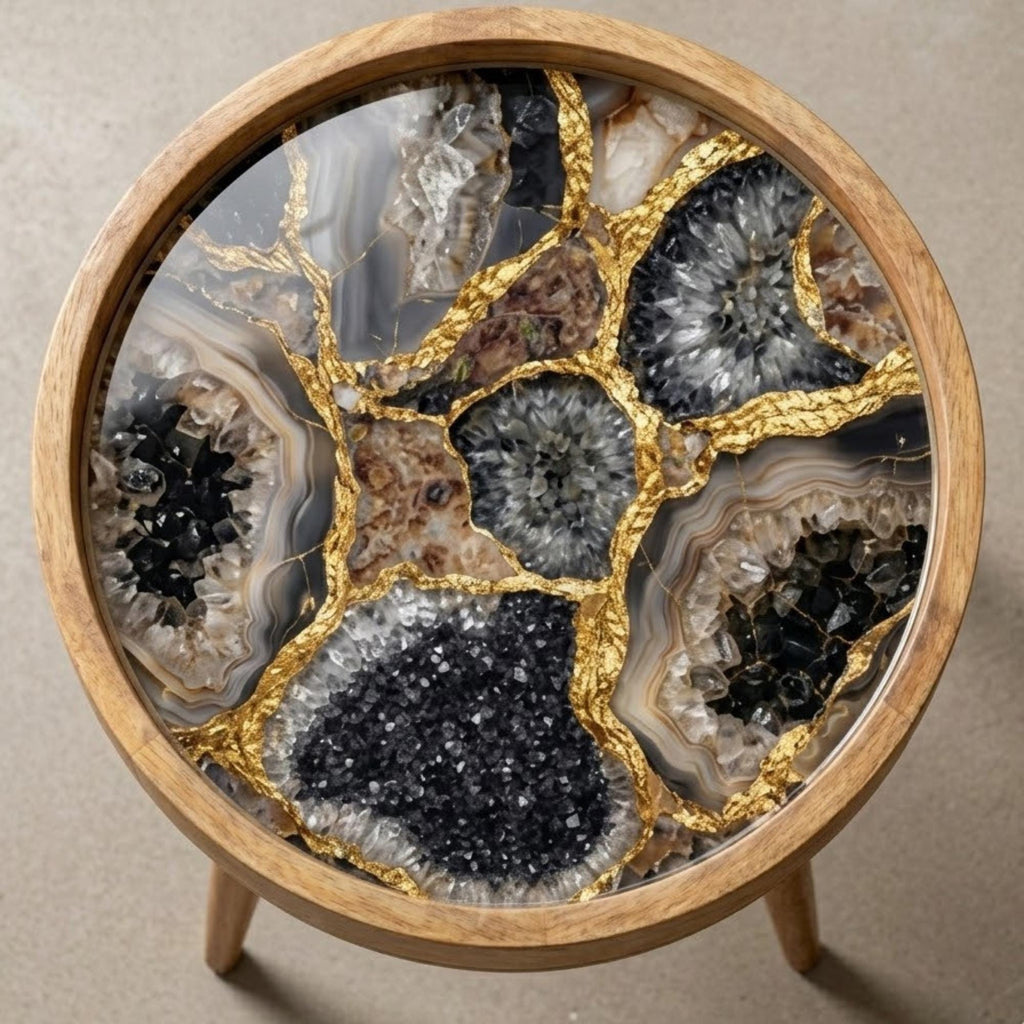 Handmade Mango Wood Side Table | Geode Crystal Print Round Accent Table