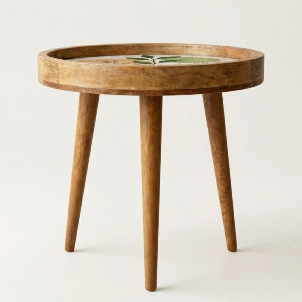 Scandinavian Printed Mango Wood End Table | Abstract Leaf Side Table | Modern Decor