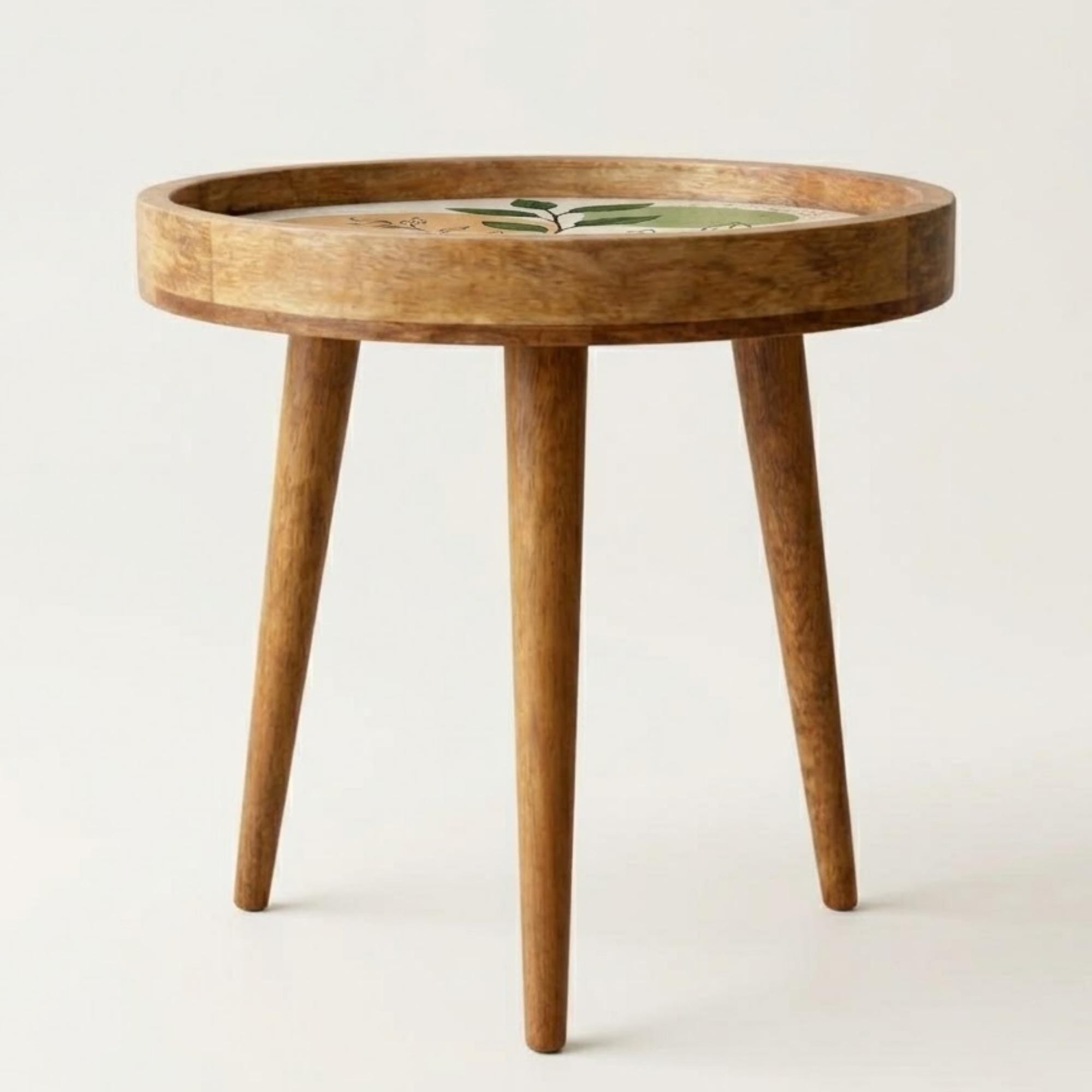 Scandinavian Printed Mango Wood End Table | Abstract Leaf Side Table | Modern Decor