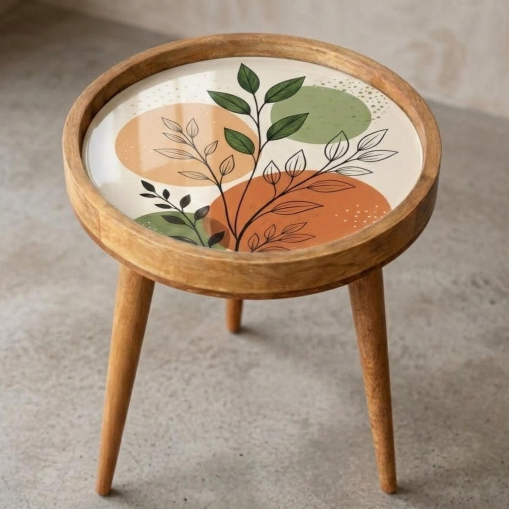 Scandinavian Printed Mango Wood End Table | Abstract Leaf Side Table | Modern Decor