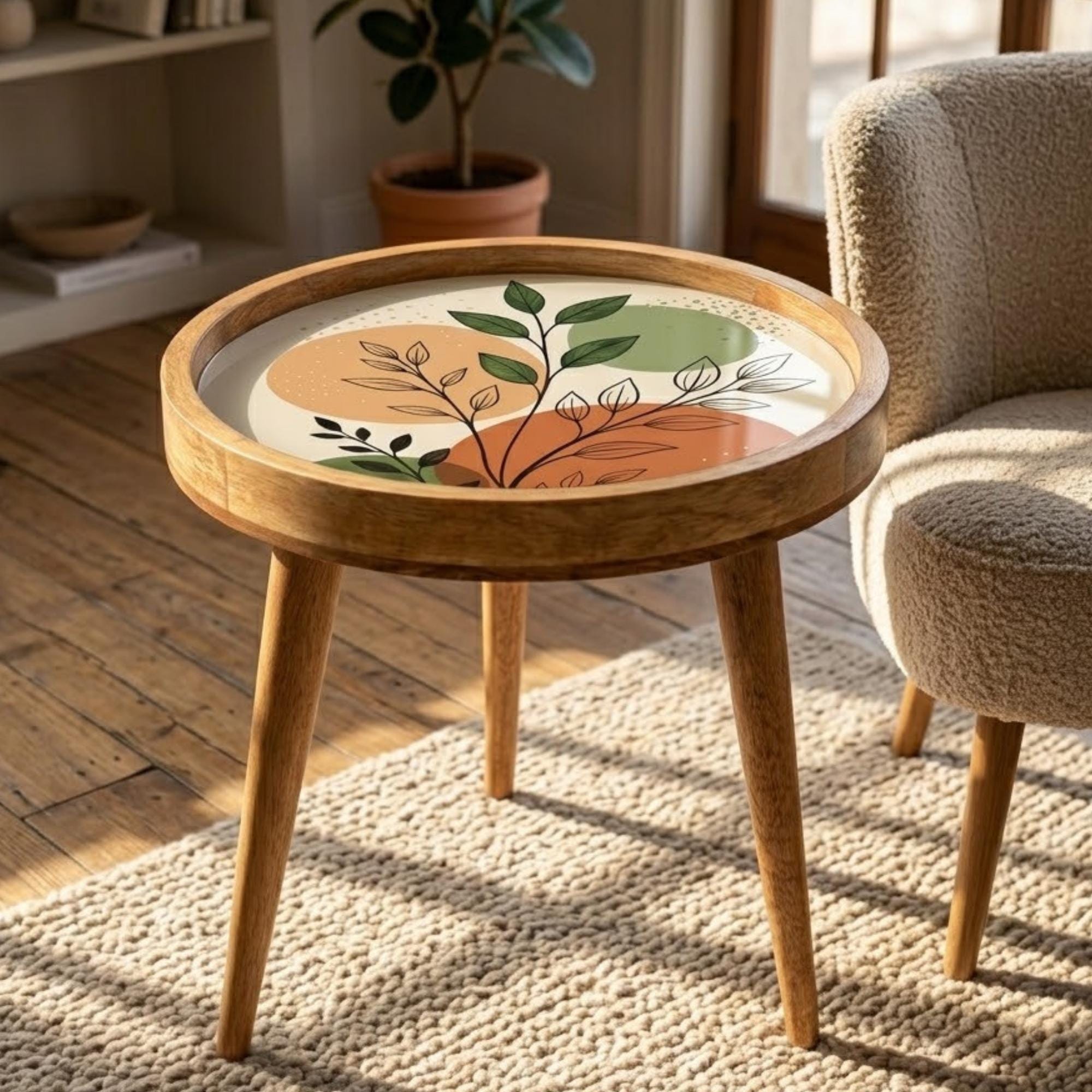Scandinavian Printed Mango Wood End Table | Abstract Leaf Side Table | Modern Decor