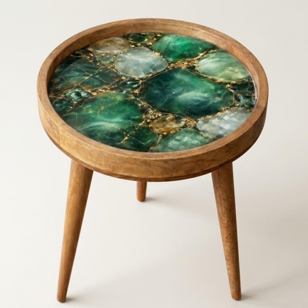 Handmade Mango Wood Side Table | Green Geode Print Accent Table