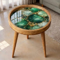 Handmade Mango Wood Side Table | Green Geode Print Accent Table