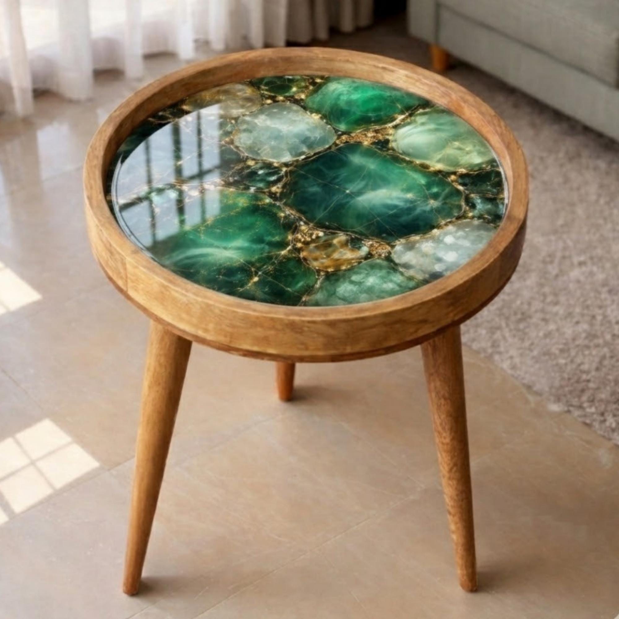 Handmade Mango Wood Side Table | Green Geode Print Accent Table