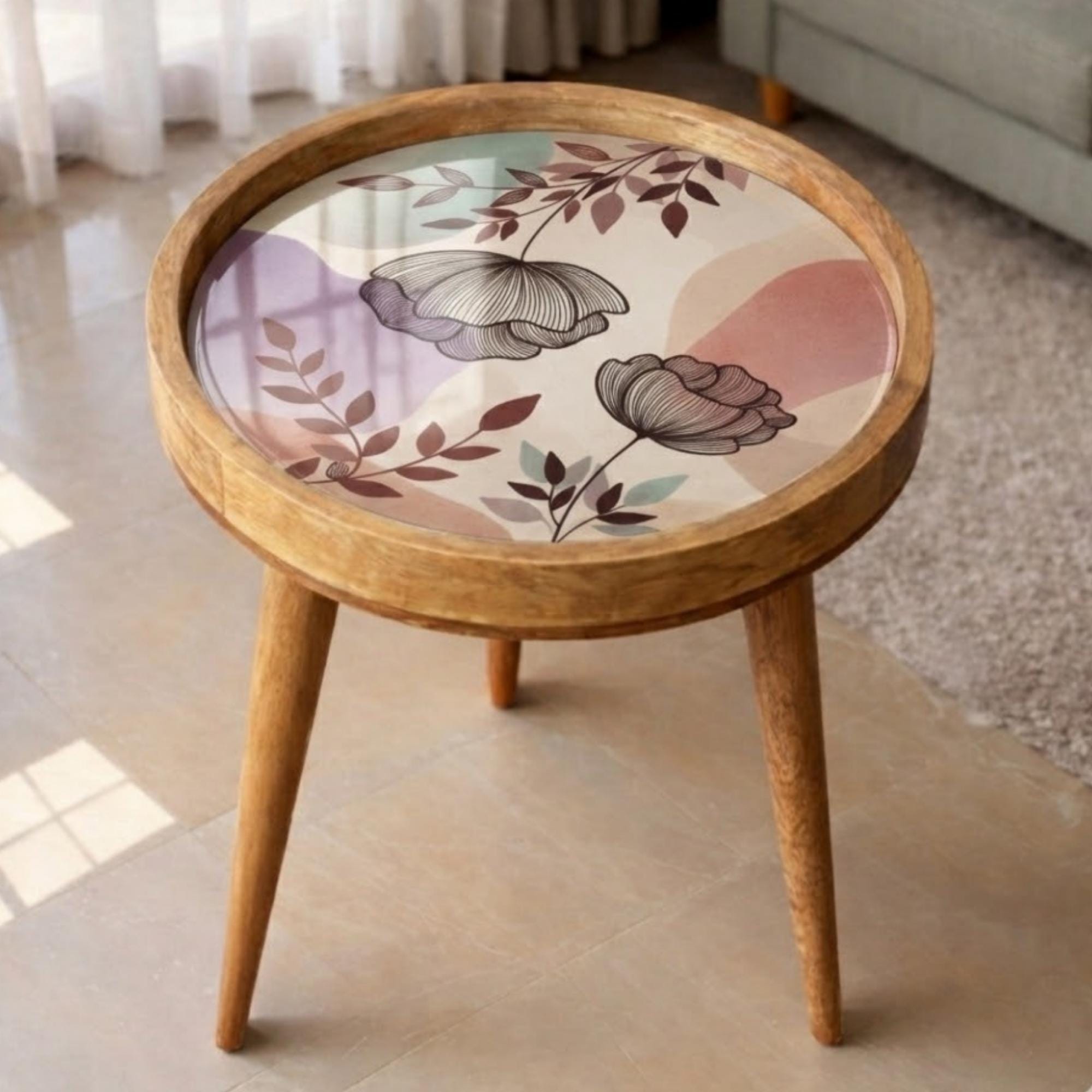 Handmade Mango Wood Side Table | Pastel Floral Print Accent Table