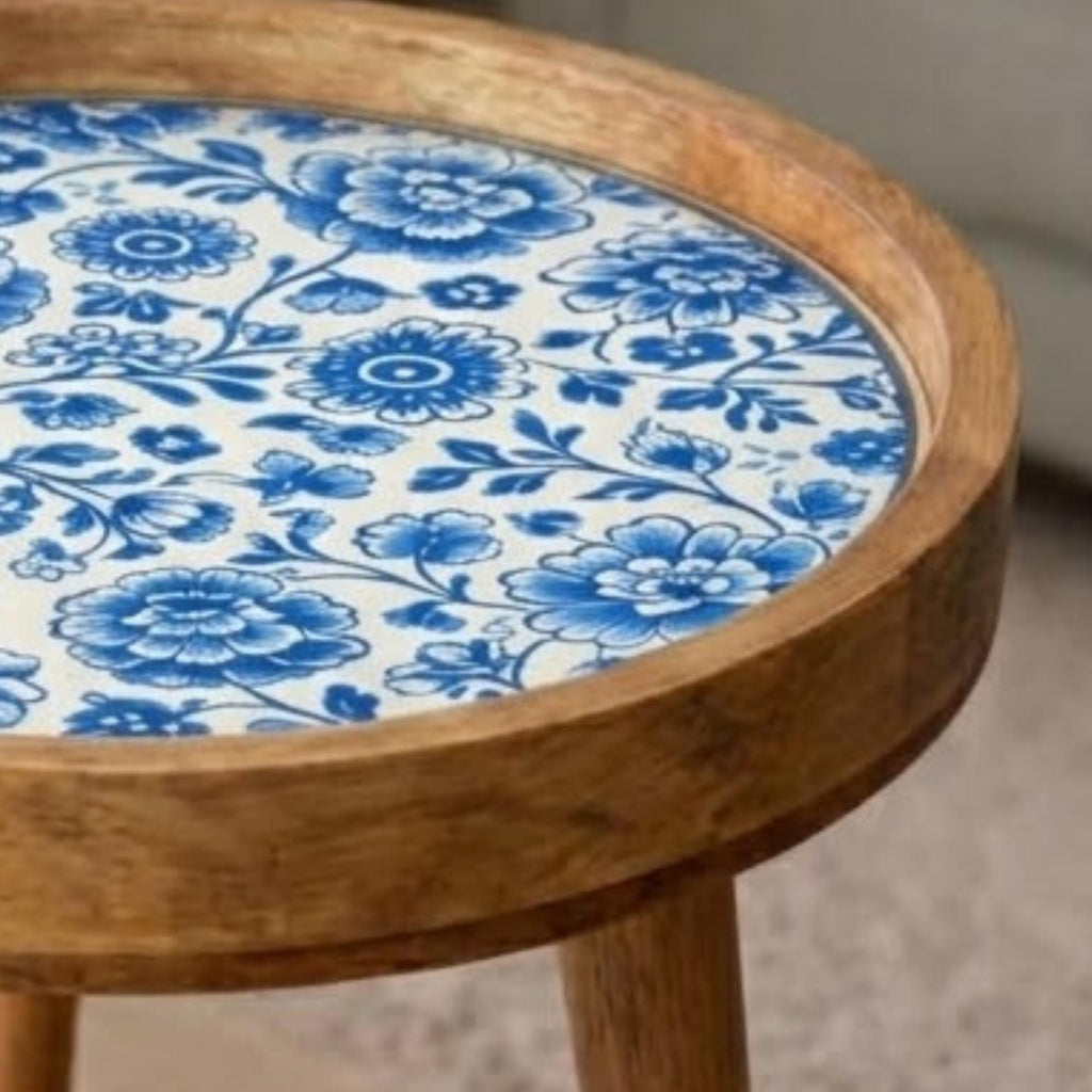 Handmade Mango Wood Side Table | Blue Floral Print Round Accent Table