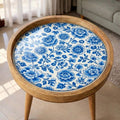 Handmade Mango Wood Side Table | Blue Floral Print Round Accent Table