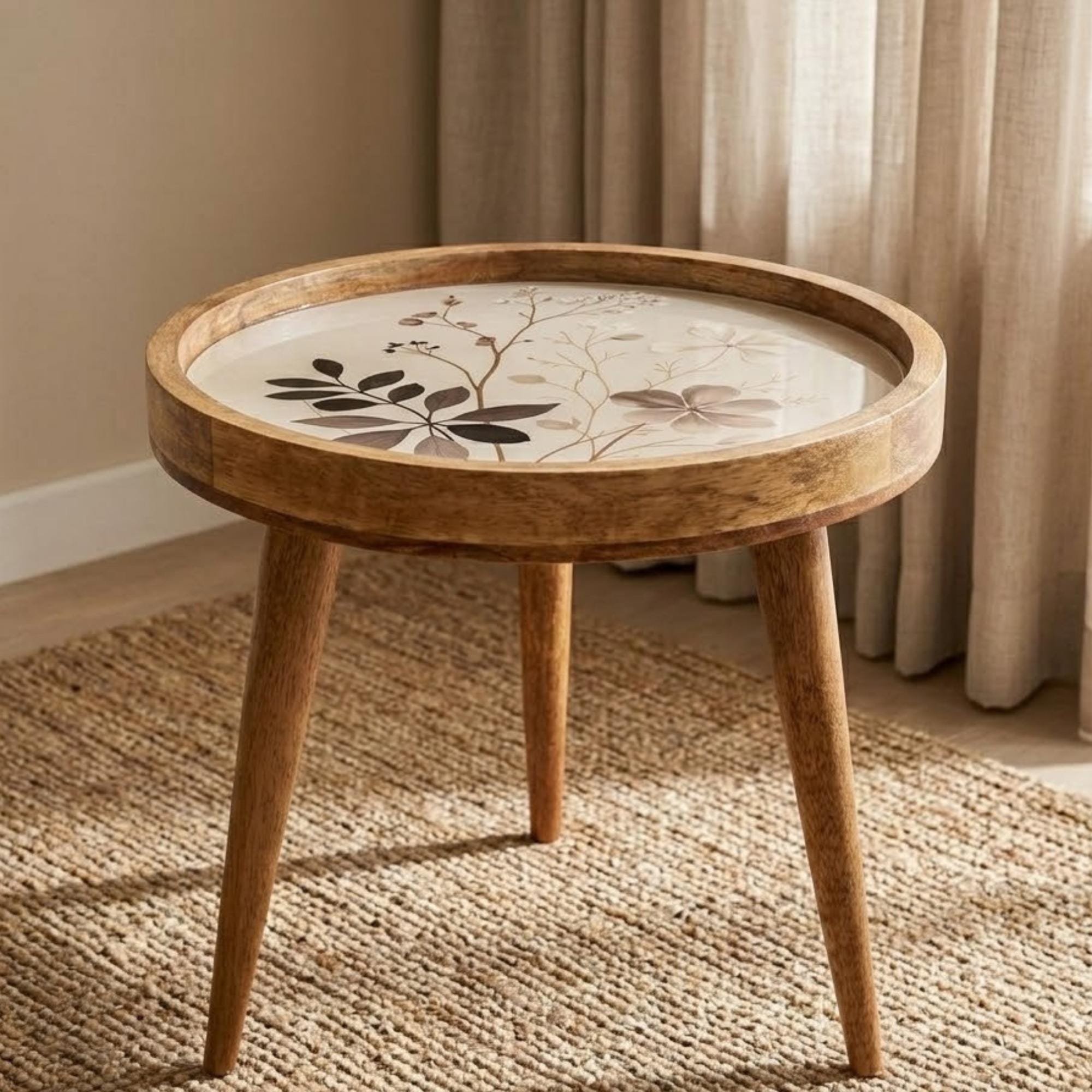 Neutral Botanical Mango Wood Side Table | Round Floral Accent Table | Minimalist Decor