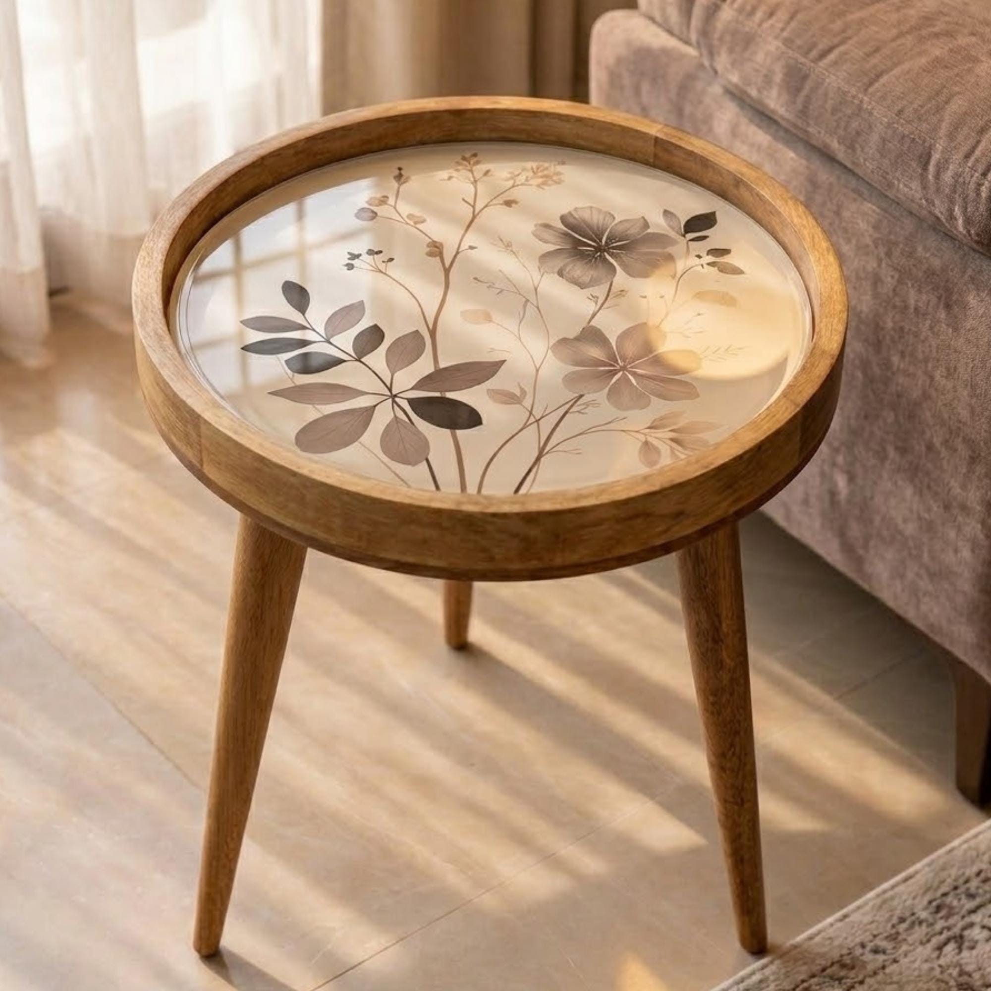 Neutral Botanical Mango Wood Side Table | Round Floral Accent Table | Minimalist Decor