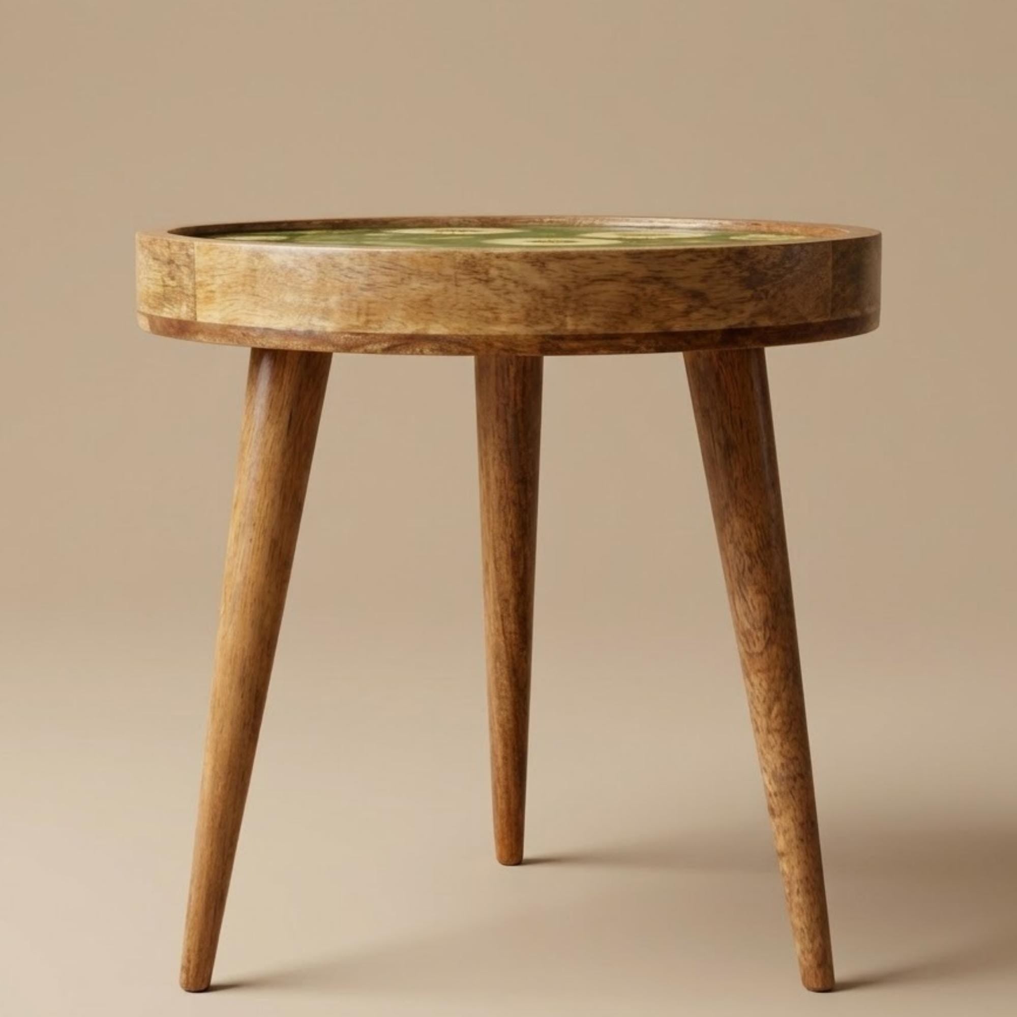Daisy Floral Mango Wood Side Table | Green Botanical Round Accent Table