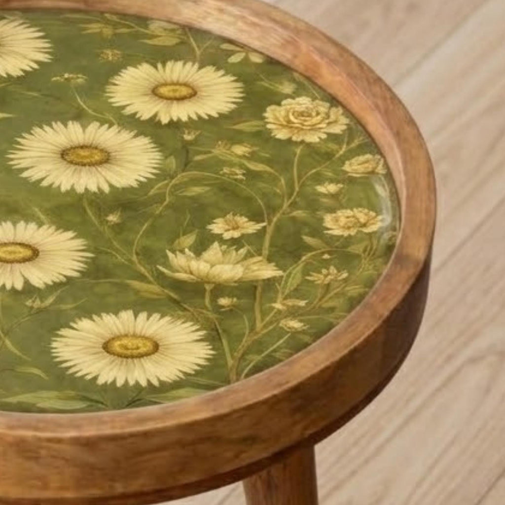 Daisy Floral Mango Wood Side Table | Green Botanical Round Accent Table