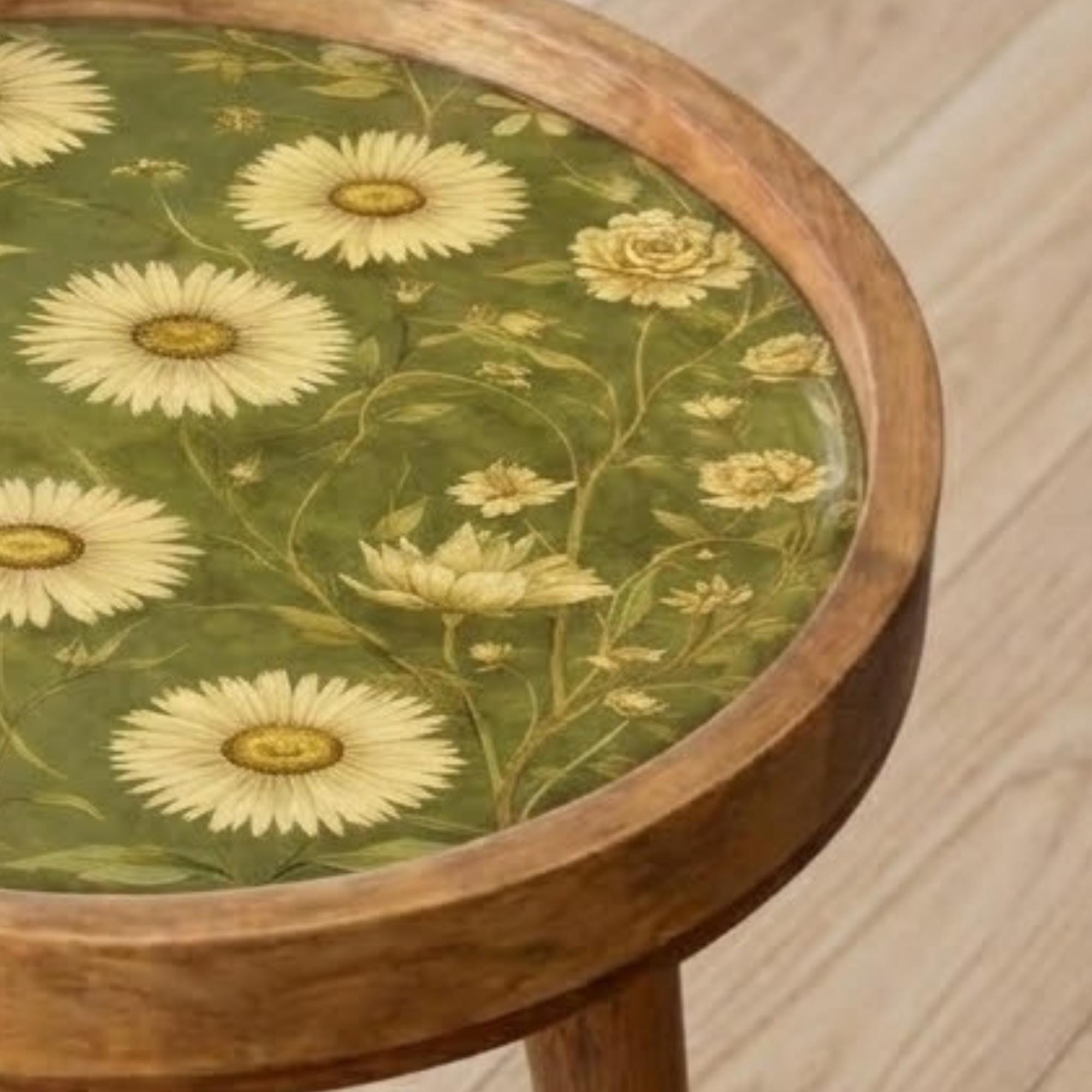 Daisy Floral Mango Wood Side Table | Green Botanical Round Accent Table
