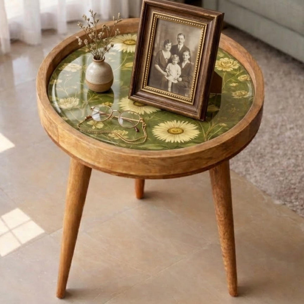 Daisy Floral Mango Wood Side Table | Green Botanical Round Accent Table