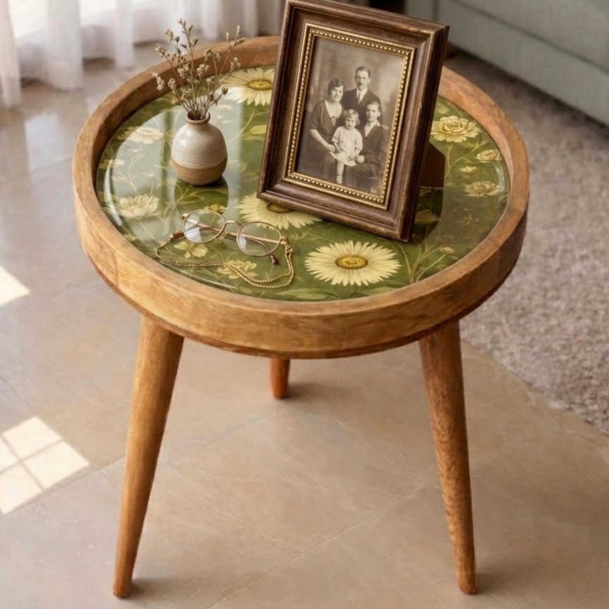 Daisy Floral Mango Wood Side Table | Green Botanical Round Accent Table