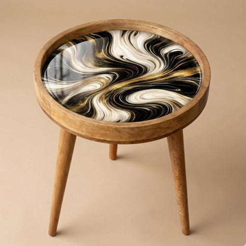 Black Marble Mango Wood Side Table | Gold Swirl Round Accent Table | Modern Decor