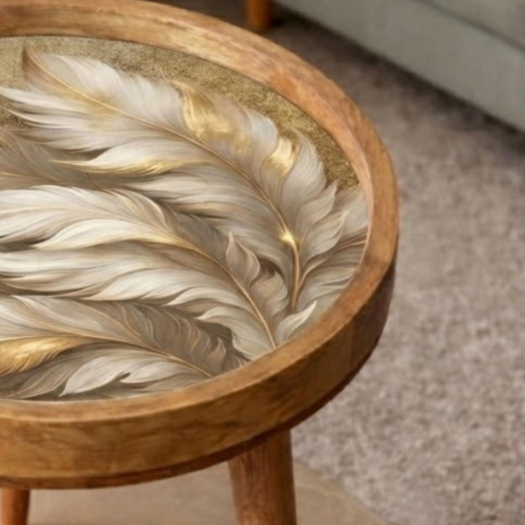 Handmade Mango Wood Side Table | Feather Print Round Accent Boho Decor
