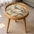 Handmade Mango Wood Side Table | Feather Print Round Accent Boho Decor