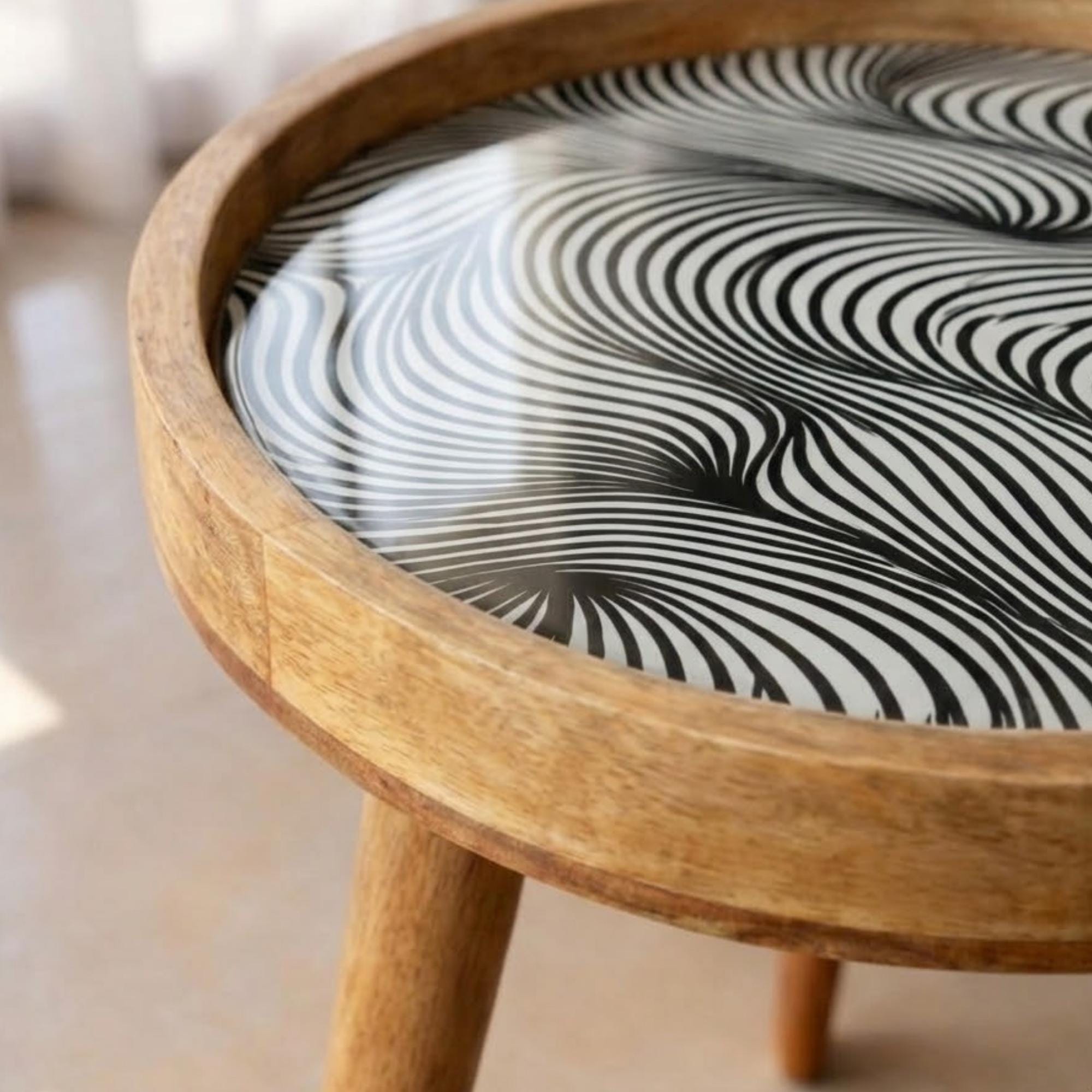 Handmade Mango Wood Side Table | Black White Abstract Print Round Accent