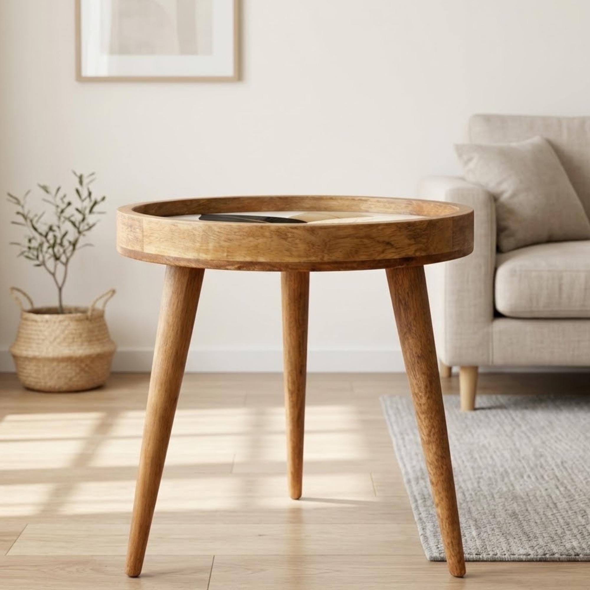 Handmade Mango Wood Side Table | Leaf Print Round Accent Boho Decor