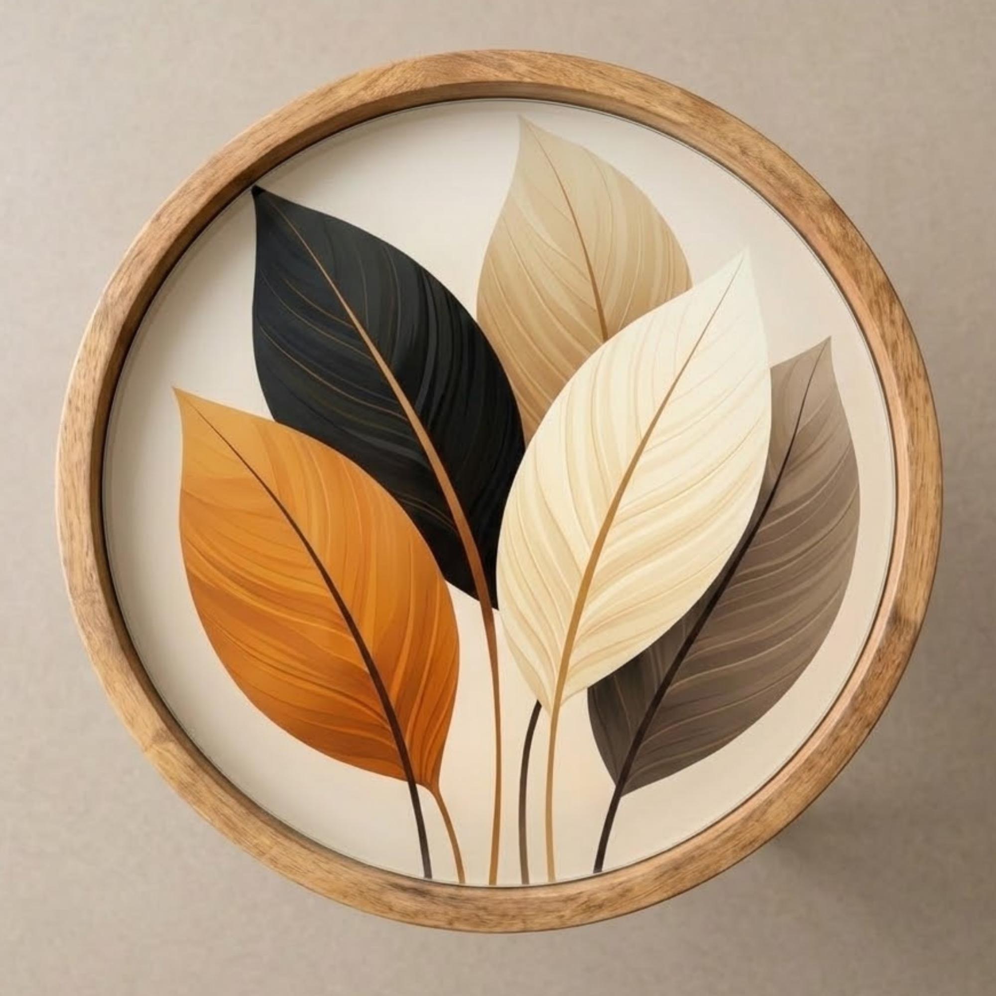 Handmade Mango Wood Side Table | Leaf Print Round Accent Boho Decor