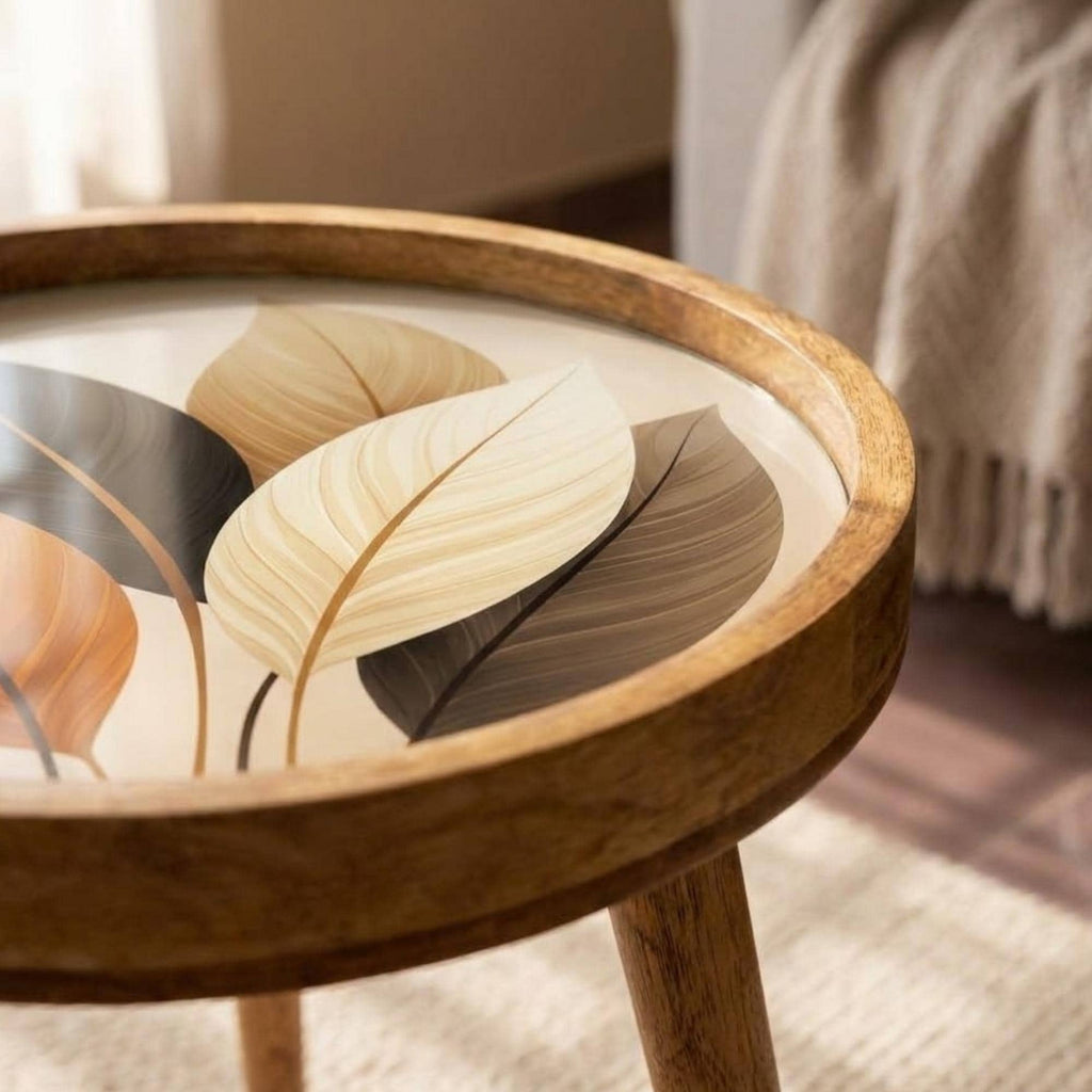 Handmade Mango Wood Side Table | Leaf Print Round Accent Boho Decor