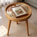Handmade Mango Wood Side Table | Abstract Botanical Print, Round Accent Furniture