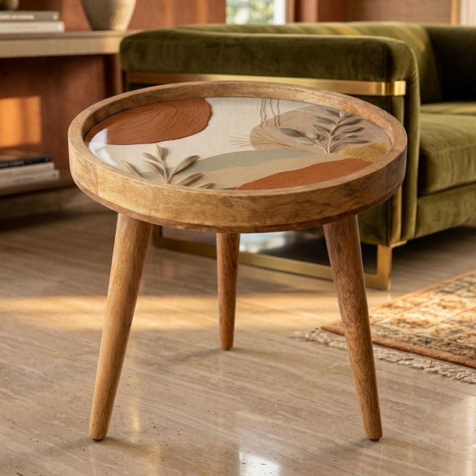 Handmade Mango Wood Side Table | Abstract Botanical Print, Round Accent Furniture