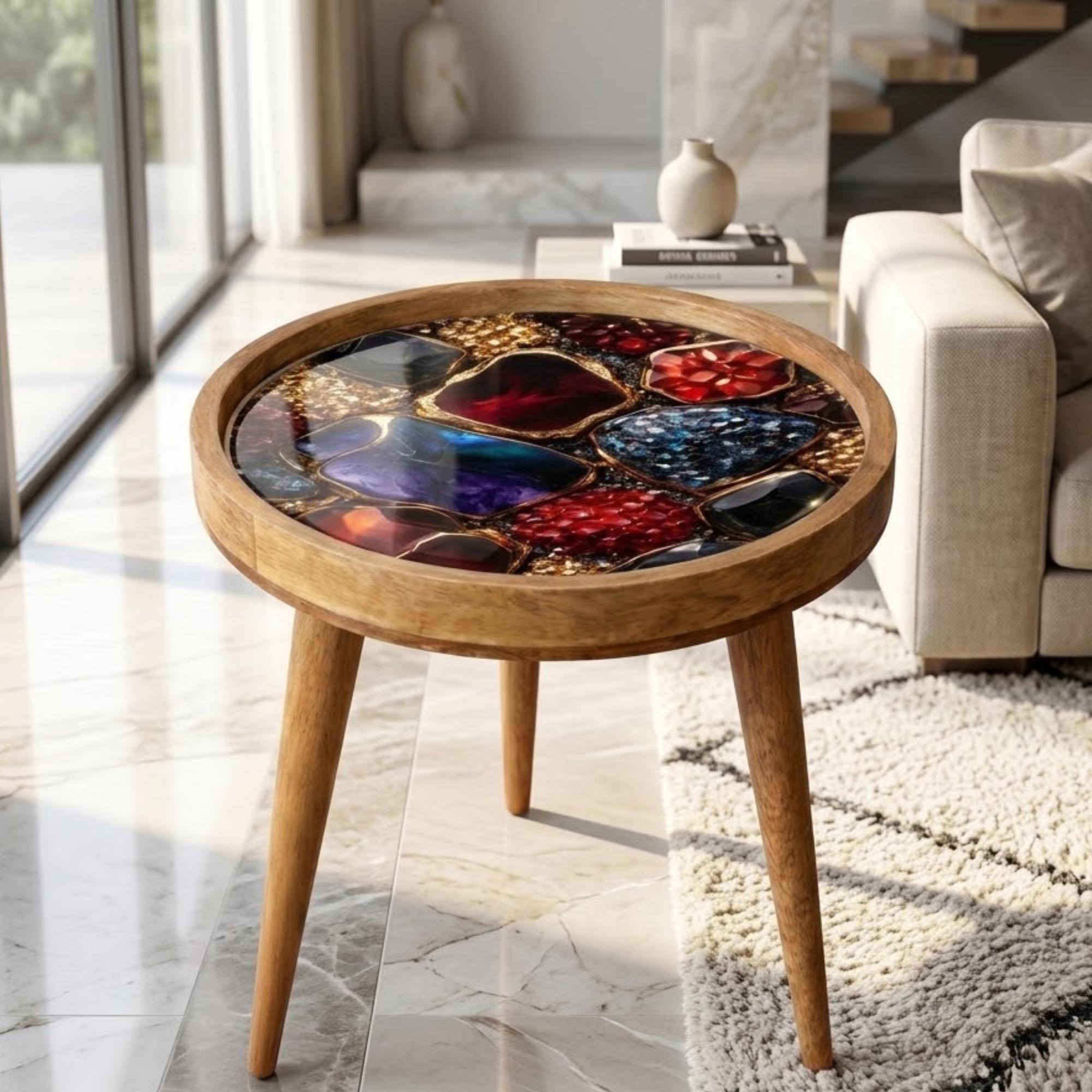 Handmade Mango Wood Side Table | Gemstone Print Round Accent Table | Modern Decor