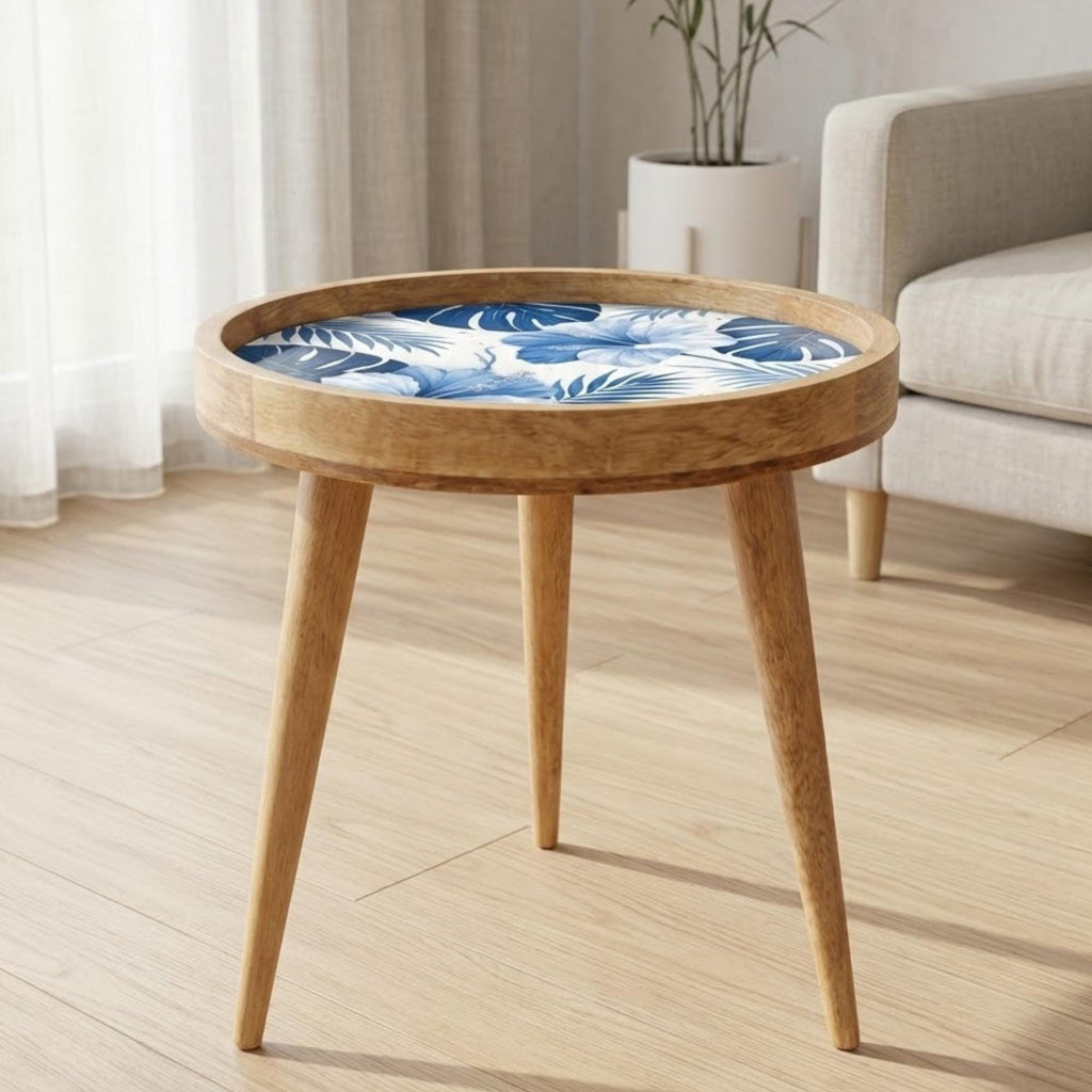 Handmade Mango Wood Side Table | Blue Tropical Floral Print, Round Accent