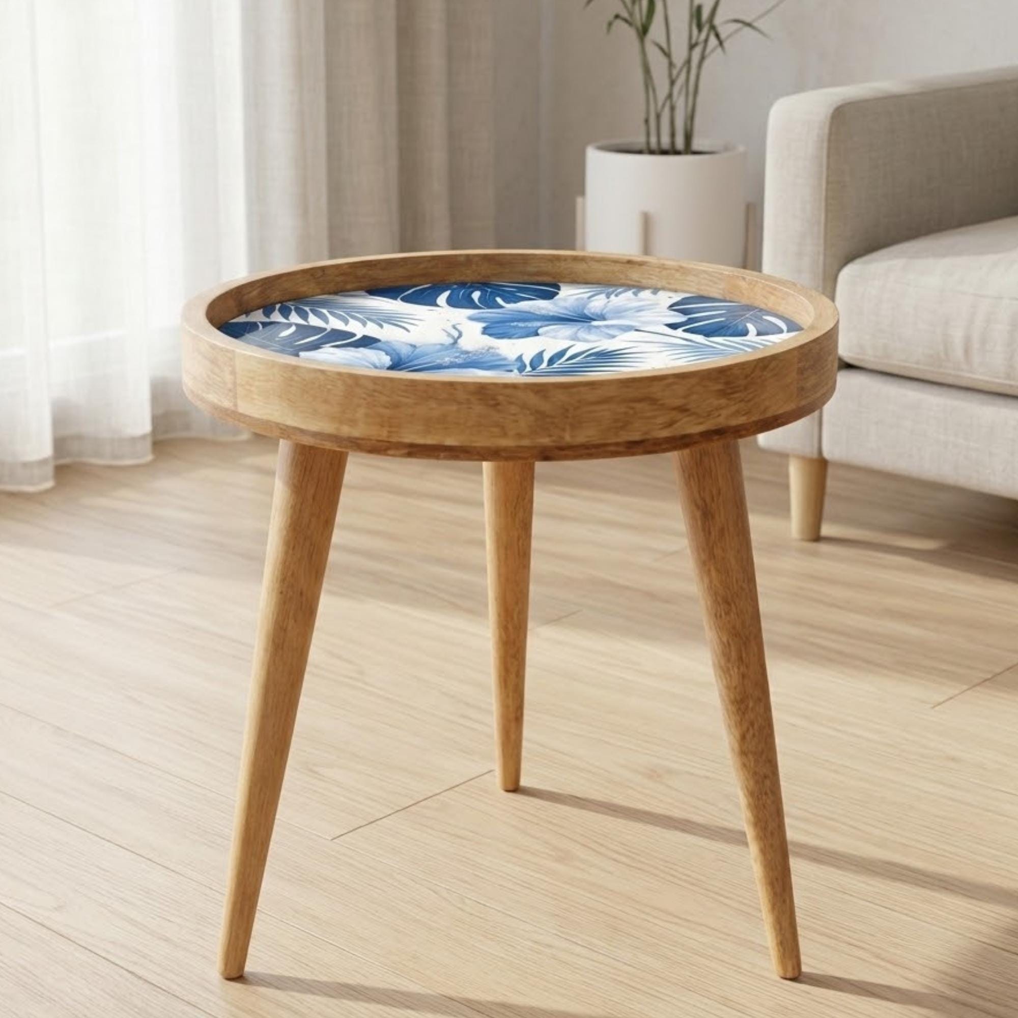 Handmade Mango Wood Side Table | Blue Tropical Floral Print, Round Accent