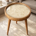 Neutral Floral Mango Wood End Table | Handmade Round Side Table | Elegant Accent Furniture