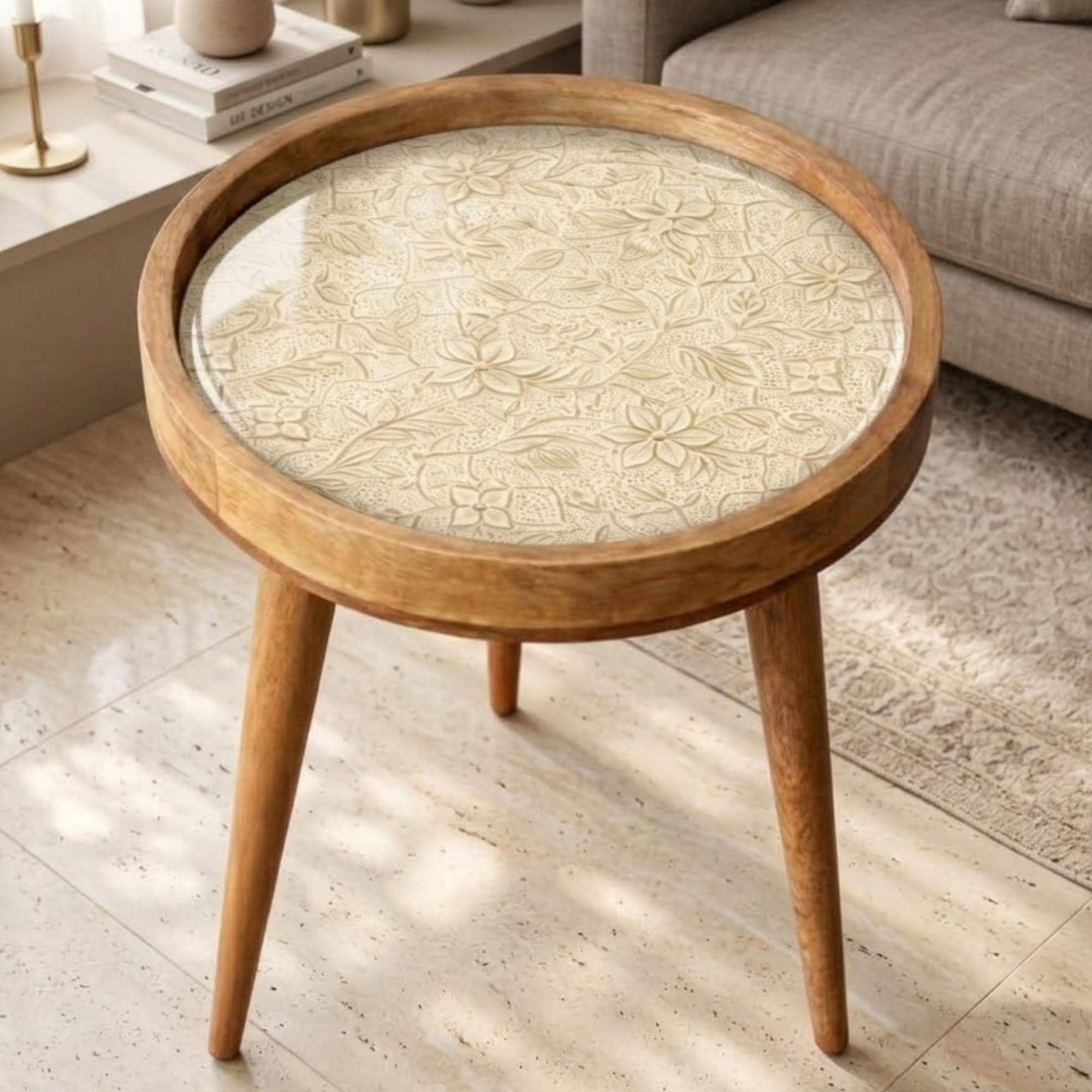 Neutral Floral Mango Wood End Table | Handmade Round Side Table | Elegant Accent Furniture