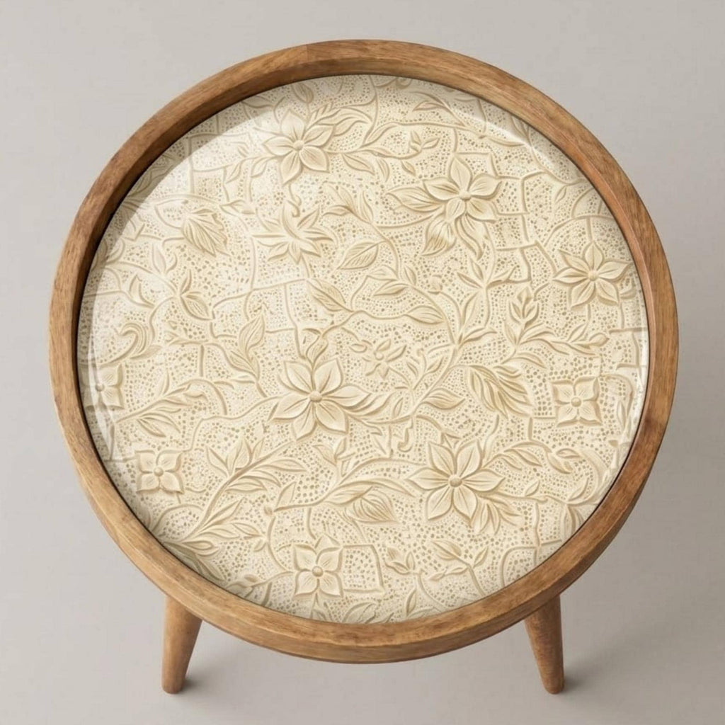 Neutral Floral Mango Wood End Table | Handmade Round Side Table | Elegant Accent Furniture