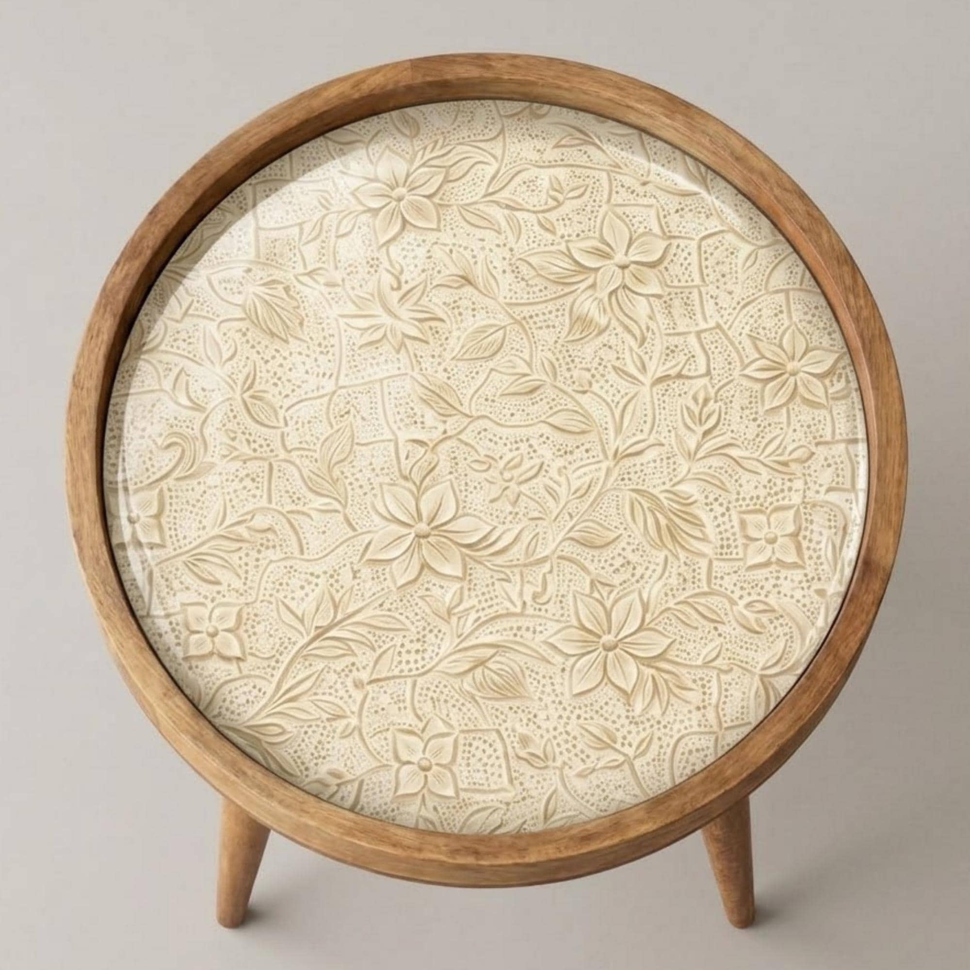 Neutral Floral Mango Wood End Table | Handmade Round Side Table | Elegant Accent Furniture