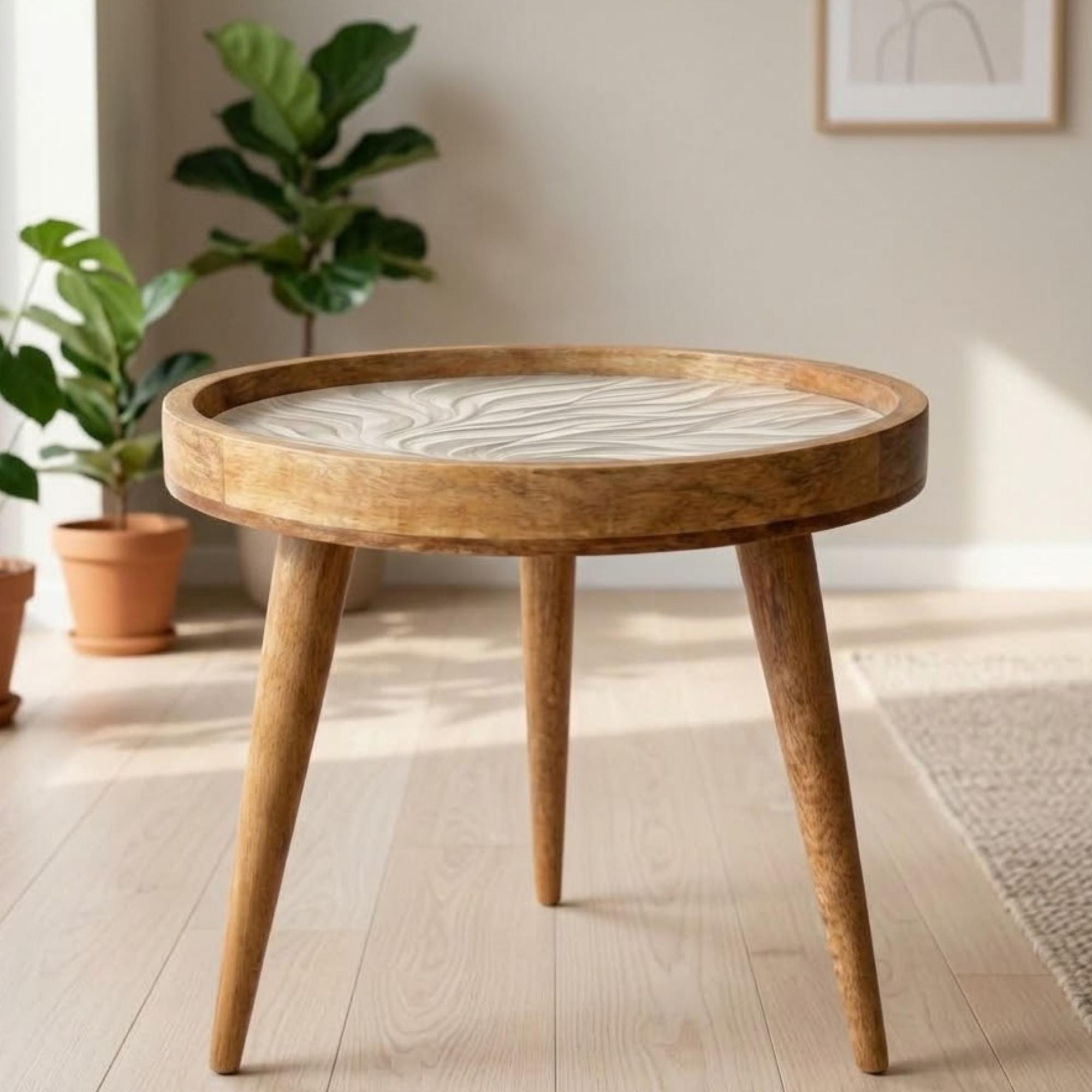 Handmade Mango Wood Round Side Table | Abstract Wave Print Accent Table