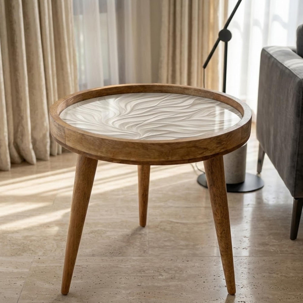 Handmade Mango Wood Round Side Table | Abstract Wave Print Accent Table