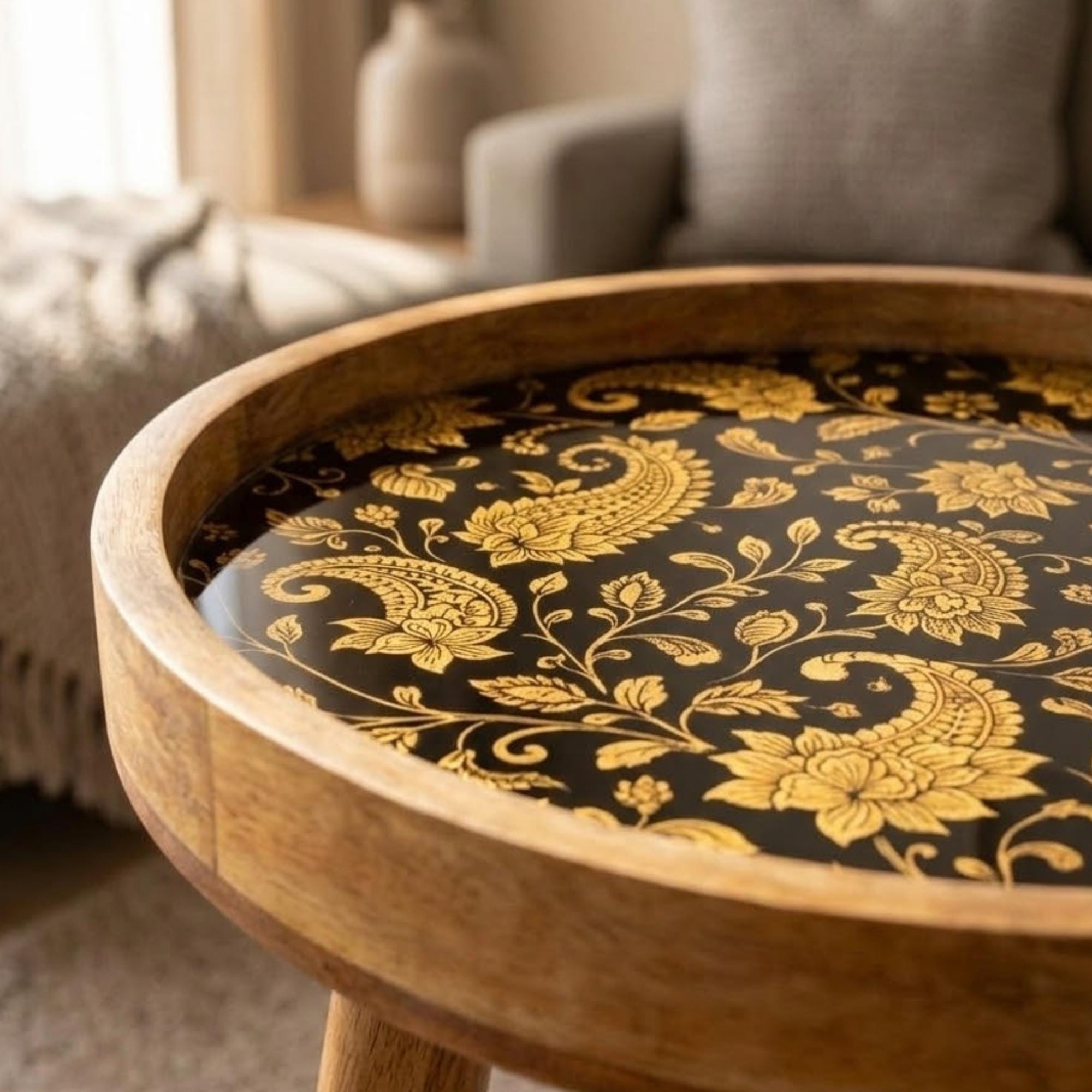 Handmade Mango Wood Side Table | Black Gold Floral Print Accent Table
