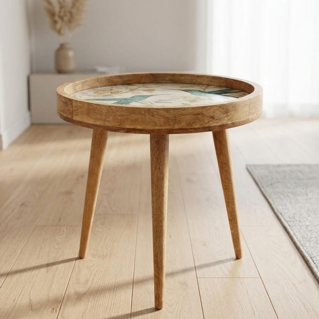 Botanical Bird Side Table | Handmade Mango Wood End Table | Round Accent Furniture