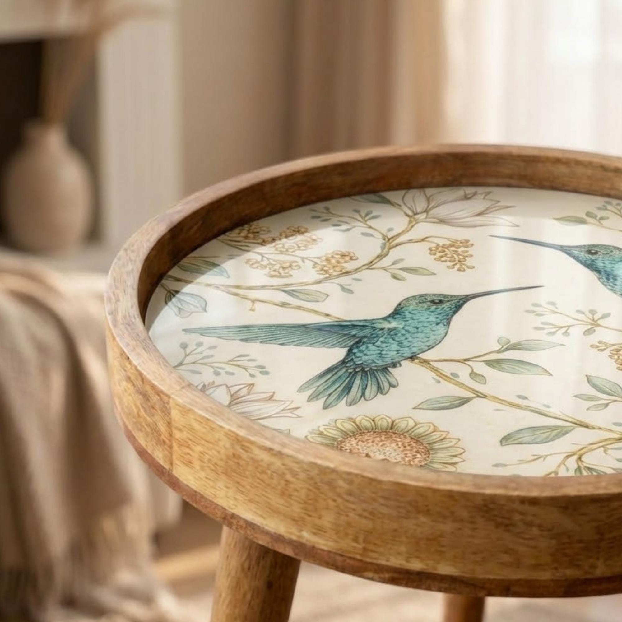 Botanical Bird Side Table | Handmade Mango Wood End Table | Round Accent Furniture