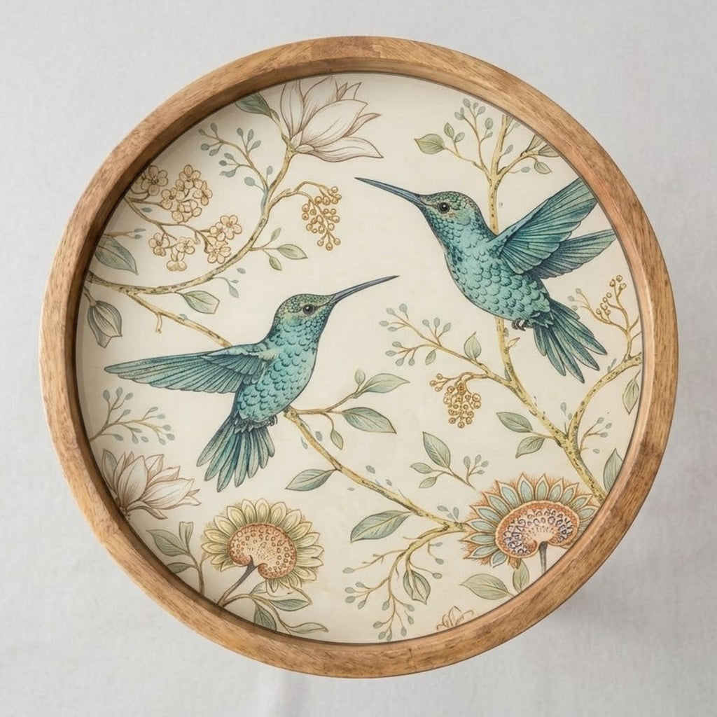 Botanical Bird Side Table | Handmade Mango Wood End Table | Round Accent Furniture