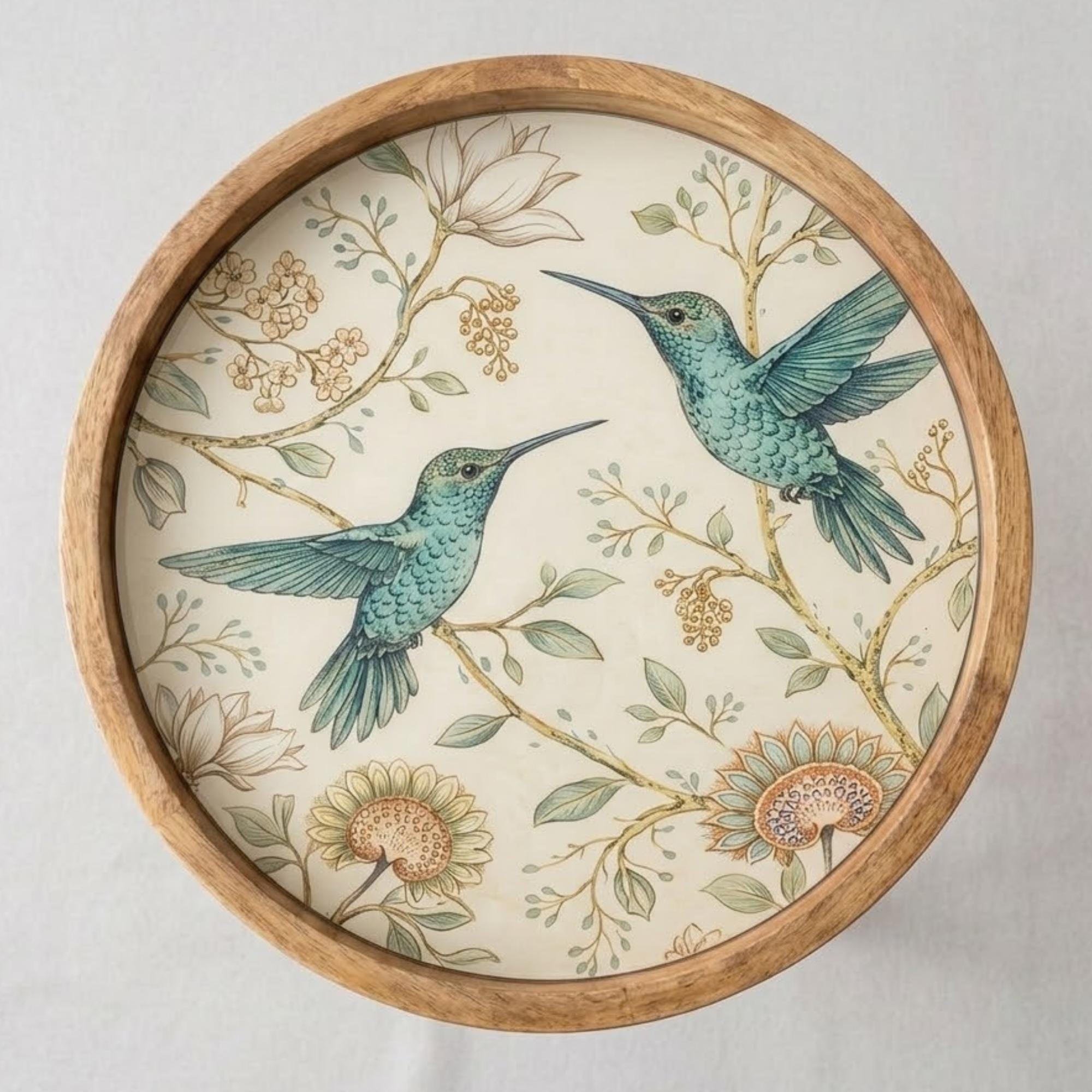 Botanical Bird Side Table | Handmade Mango Wood End Table | Round Accent Furniture