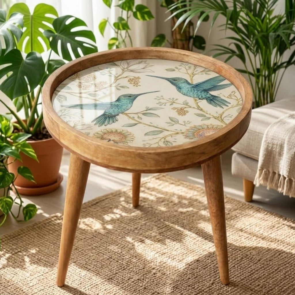 Botanical Bird Side Table | Handmade Mango Wood End Table | Round Accent Furniture